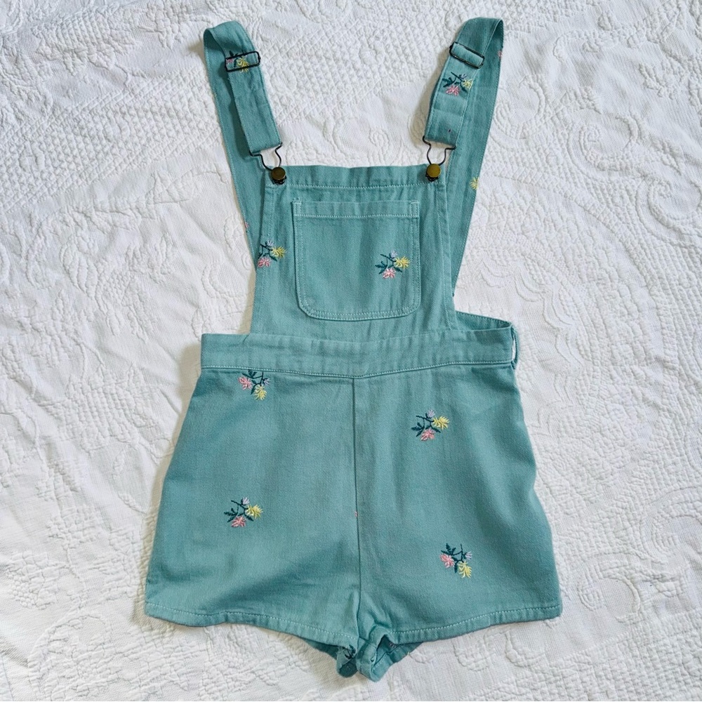 Floral Embroidery Pocket Romper NWT Cider Size Small Teal Blue Green 100% Cotton - Picture 9 of 12